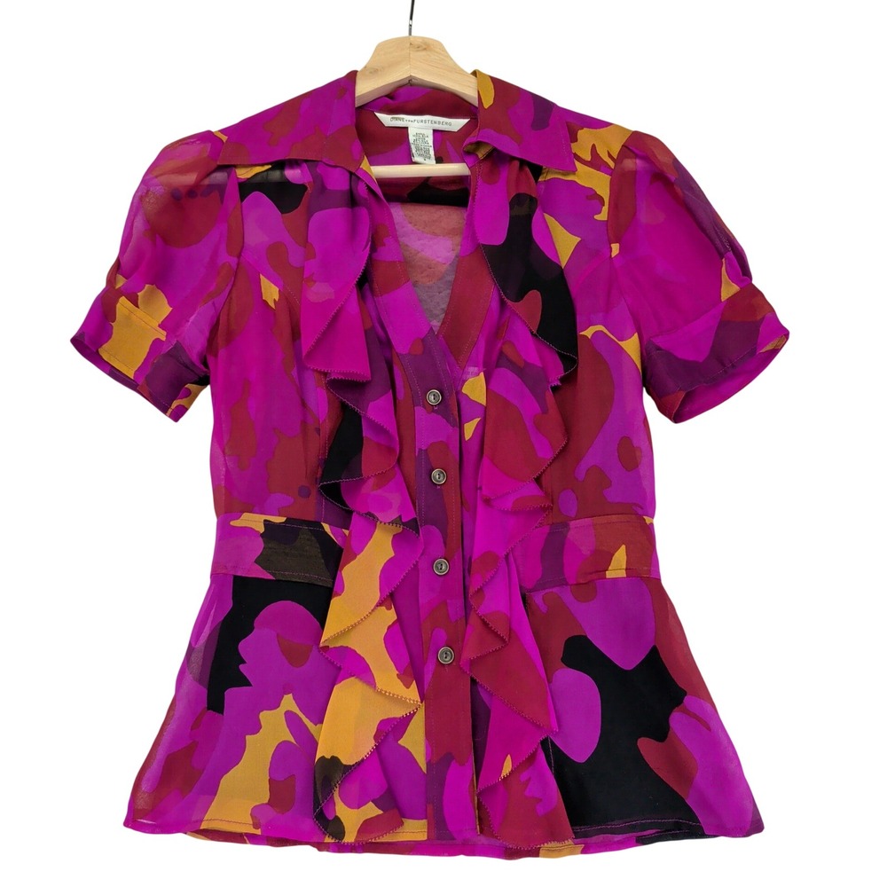 Diane Von Furstenberg DVF 100% Silk Top Ruffle Front Peplum Blouse Shirt Women 2